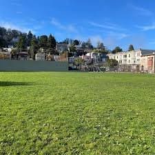 The green playing field at Grattan Playground under a blue sky
